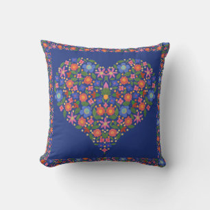 Folk Art Stil Blommigt Heart på Royal Blue Pillow Kudde