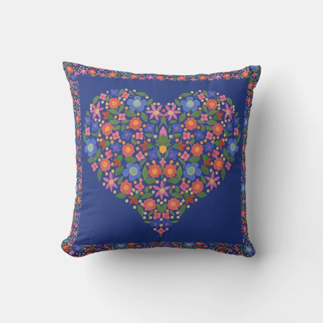 Folk Art Stil Blommigt Heart på Royal Blue Pillow Kudde (Framsida)