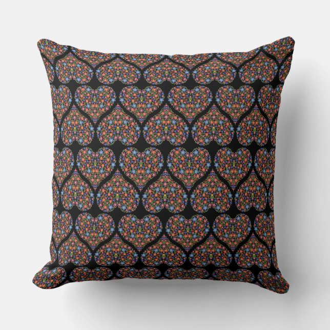 Folk Art Stil Blommigt Hearts on Black Pillow Kudde (Framsida)