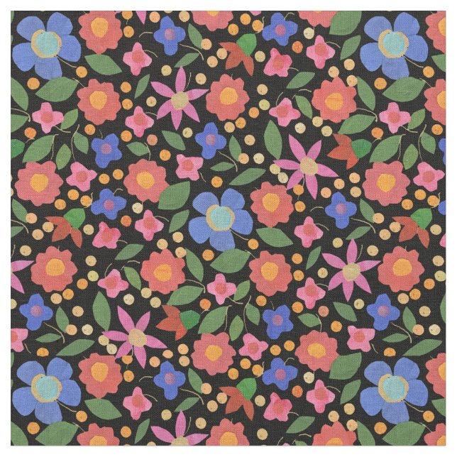 Folk Art Stil Blommigt på Black Anpassningsbar Fab Tyg (Närbild)