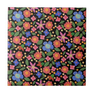 Folk Art Stil Blommigt på Black Ceramic Tile Kakelplatta