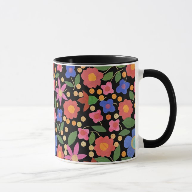 Folk Art Stil Blommigt på Black Ringer Coffee Mugg (Höger)