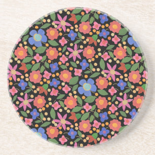 Folk Art Stil Blommigt på Black Sandstone Underläg Underlägg Sandsten