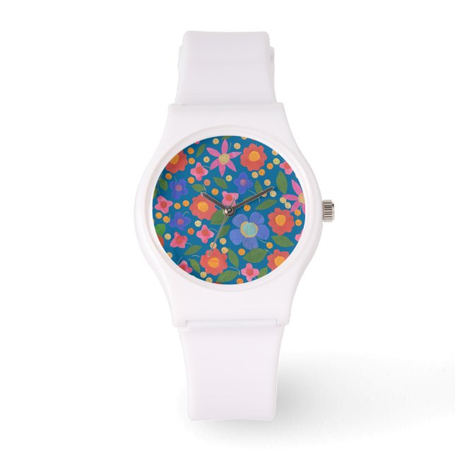 Folk Art Stil Blommigt på Blue Sporty Wristwatch Armbandsur (Framsida)