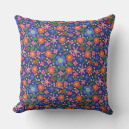 Folk Art Stil Blommönster om Royal Blue Kudde