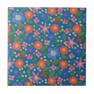 Folk Art Stil Blommönster på Blått Keramiskt Kakel