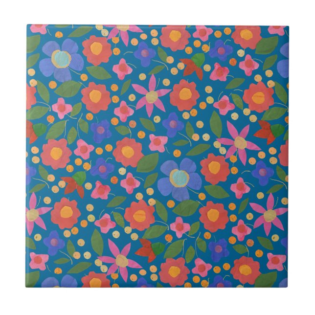 Folk Art Stil Blommönster på Blått Keramiskt Kakel (Framsidan)