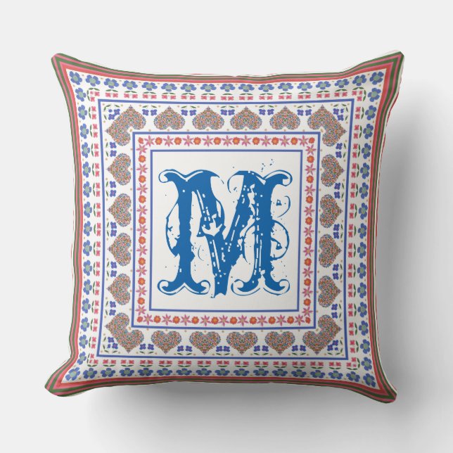 Folk Art Stil Gräns Monogram Pillow eller Cushion Kudde (Framsida)