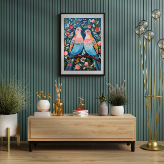 Folk Art Stil Pastel Doves i Träd Poster