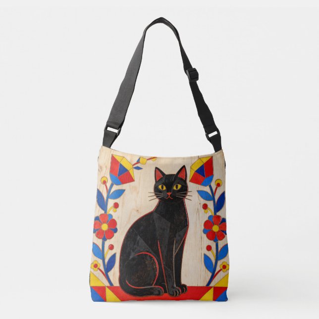 Folk Art Svart Katt Axelväska (Framsida)