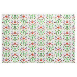 Folk Art Tulip och Birds Fabric Tyg
