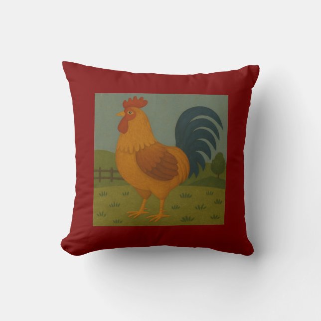 Folk Art Tupp - Rustic Land Chicken Illustra Kudde (Framsida)