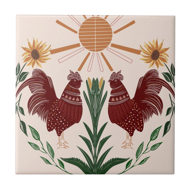 Folk Art Tupp Sunshine Symmetrical Design Kakelplatta (Framsidan)