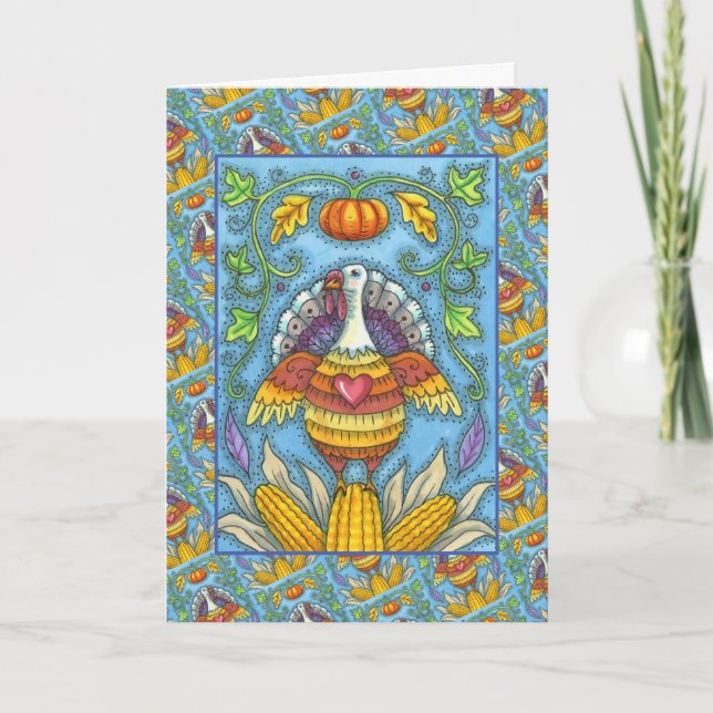 FOLK ART TURKEY, FÄRG THANKSGIVING SÄSONG HELGKORT (Framsida)