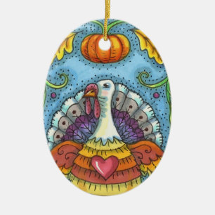 FOLK ART TURKEY, FÄRG THANKSGIVING SÄSONG JULGRANSPRYDNAD KERAMIK