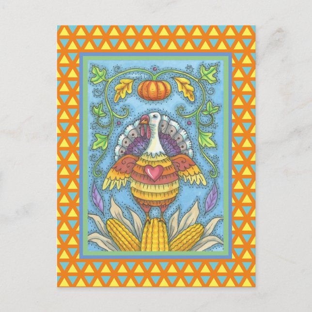 FOLK ART TURKEY, FÄRG THANKSGIVING SÄSONG VYKORT (Framsida)