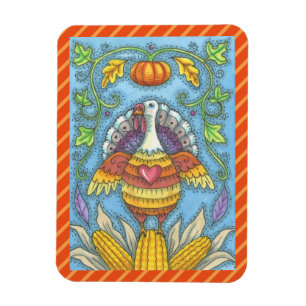FOLK ART TURKEY & MAJ THANKSGIVING MAGNET Helgdag