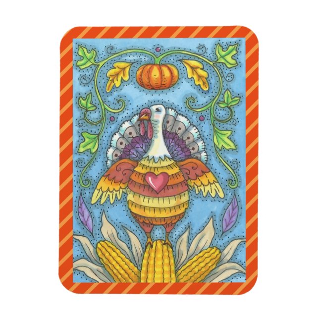 FOLK ART TURKEY & MAJ THANKSGIVING MAGNET Helgdag (Vertikal)