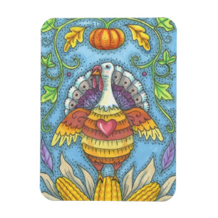 FOLK ART TURKEY & MAJ THANKSGIVING MAGNET Helgdag