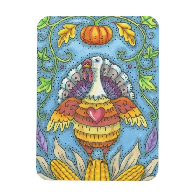 FOLK ART TURKEY & MAJ THANKSGIVING MAGNET Helgdag (Vertikal)