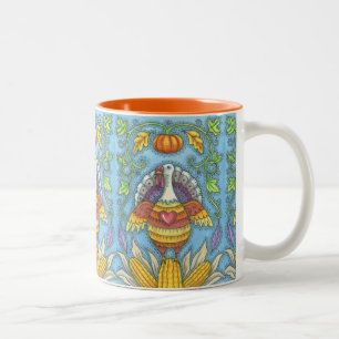 FOLK ART TURKEY & MAJ THANKSGIVING TVÅ TONE MUGG