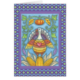 FOLK ART TURKEY THANKSGIVING GREETING CARD Blank OBS Kort