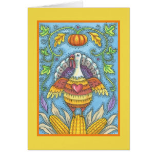 FOLK ART TURKEY THANKSGIVING GREETING CARD Blank OBS Kort