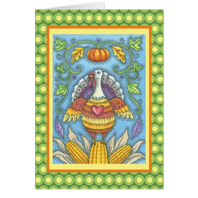 FOLK ART TURKEY THANKSGIVING GREETING CARD Blank OBS Kort (Framsidan)