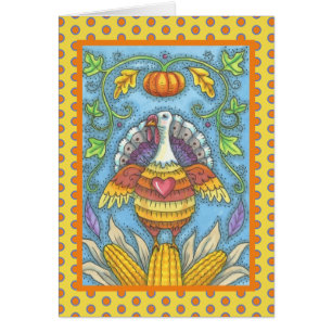 FOLK ART TURKEY THANKSGIVING GREETING CARD Blank OBS Kort