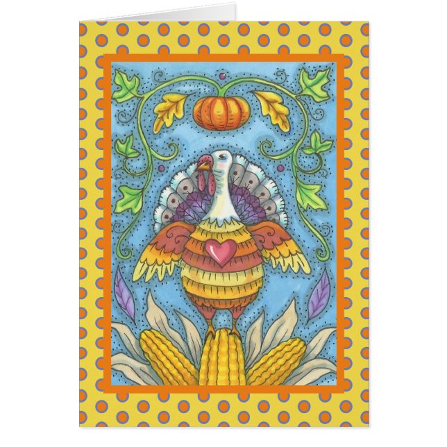 FOLK ART TURKEY THANKSGIVING GREETING CARD Blank OBS Kort (Framsidan)