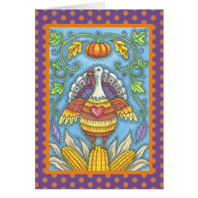 FOLK ART TURKEY THANKSGIVING GREETING CARD Blank OBS Kort (Framsidan)