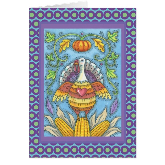 FOLK ART TURKEY THANKSGIVING GREETING CARD Verse OBS Kort (Framsidan)