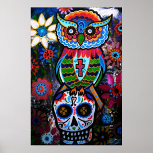 FOLK ART UGGLA DAY OF THE DEAD PAINING POSTER