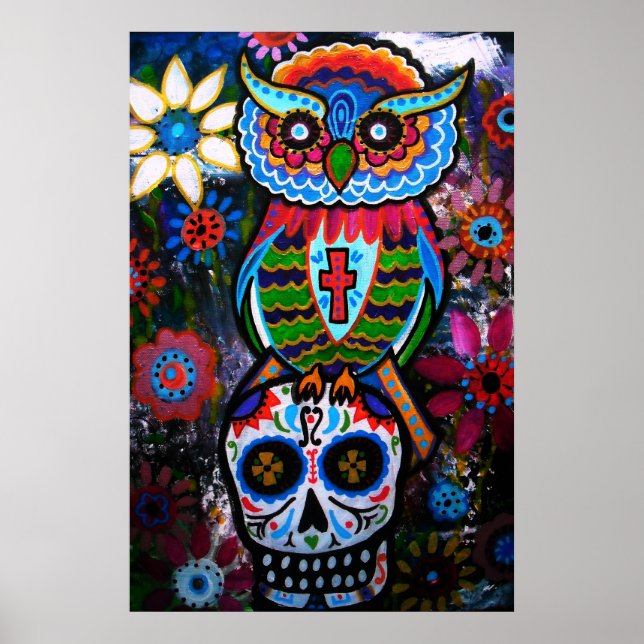FOLK ART UGGLA DAY OF THE DEAD PAINING POSTER (Framsidan)