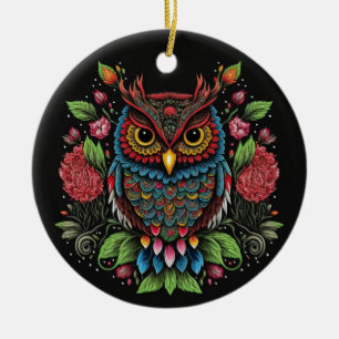 Folk Art Uggla Julgransprydnad Keramik