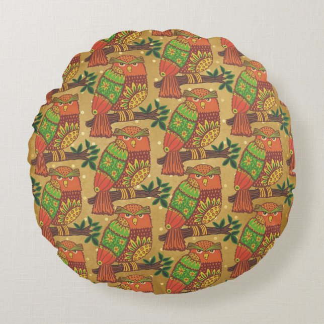 Folk Art Uggla på Grenar Kids Rund Kudde (Framsidan)