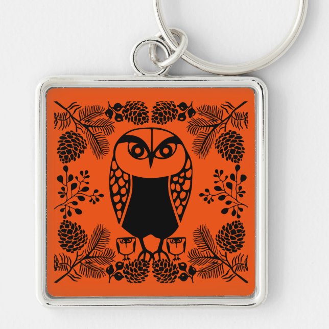 Folk Art Uggla Prints Fyrkantig Silverfärgad Nyckelring (Framsidan)