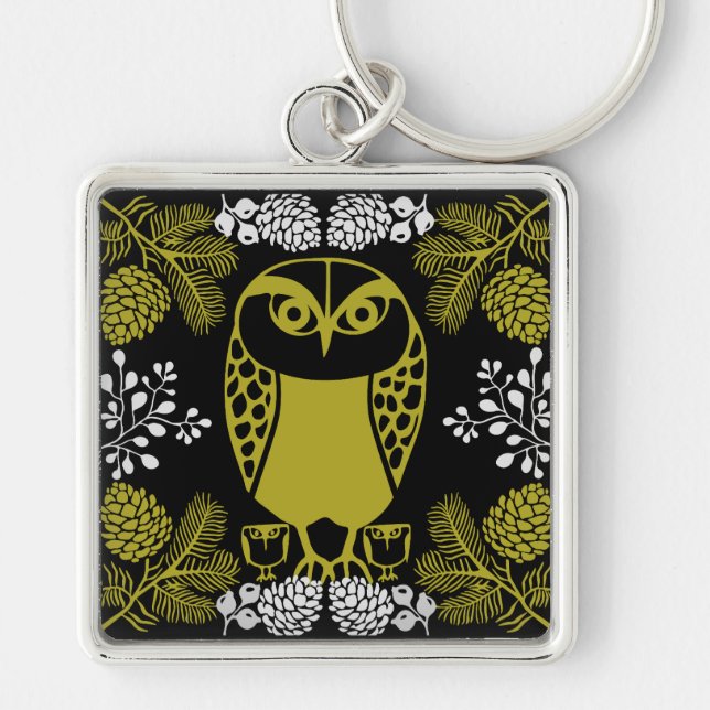 Folk Art Uggla Prints Fyrkantig Silverfärgad Nyckelring (Framsidan)