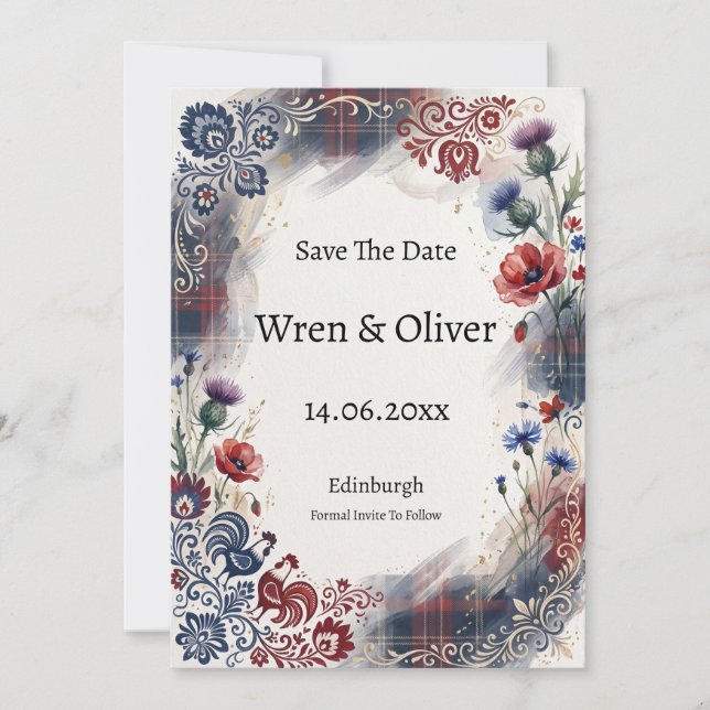 Folk Art Vildblomma Tartan Save The Date-kort Spara Datumet (Framsida)
