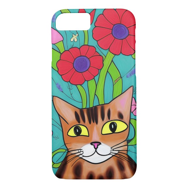 Folk Art Whimsical Cat and Flowers Case-Mate iPhone Skal (Baksida)