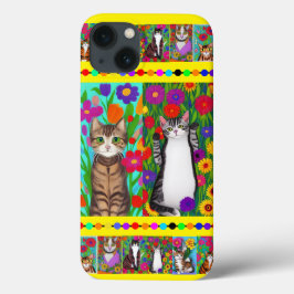 Folk Art Whimsical Stil Cat and Flowers