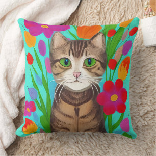 Folk Art Whimsical Stil Cat and Flowers Kudde