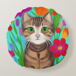 Folk Art Whimsical Stil Cat and Flowers Rund Kudde