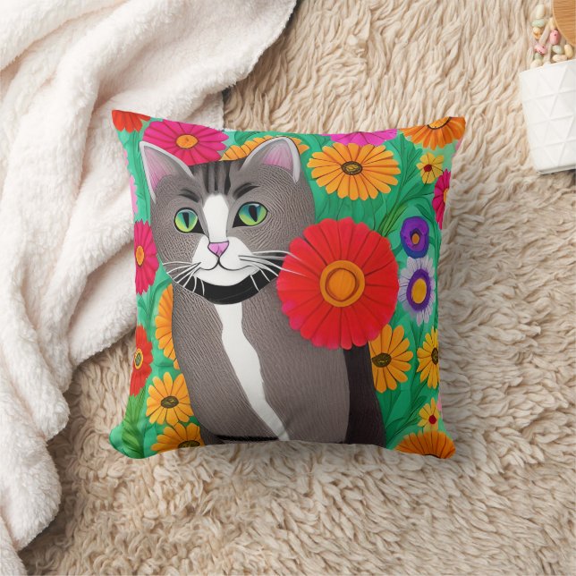 Folk Art Whimsical Stil Kattunge och Flowers Kudde (Filt)