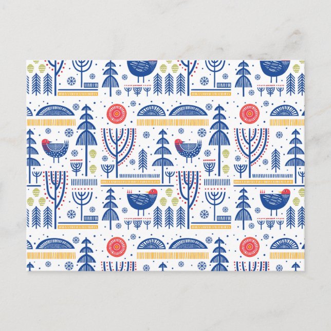 Folk Art Winter Bird Mönster Helg Vykort (Framsida)