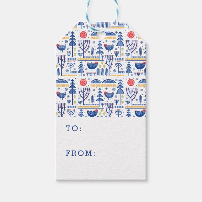 Folk Art Winter Bird Mönster Presentetikett (Framsidan)