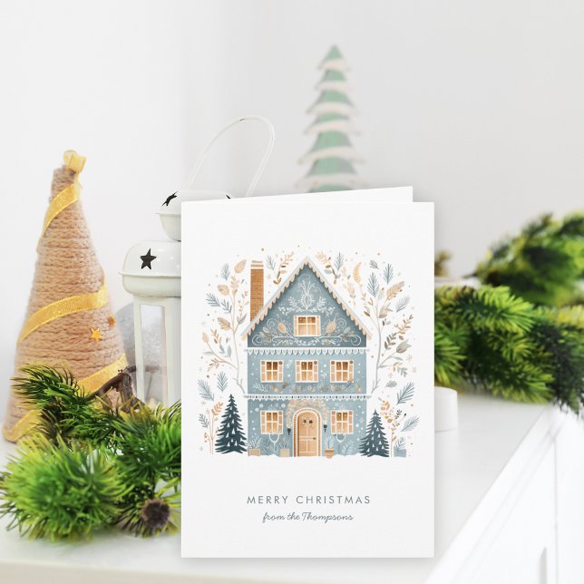 Folk Art Winter Blue House God jul Helgkort (Folded Christmas card, available digitally and printed)