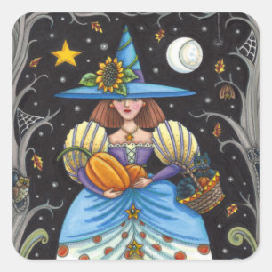 FOLK ART WITCH IN SPOOKY SKOGEN, BLACK CAT & UGGLA FYRKANTIGT KLISTERMÄRKE