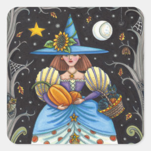 FOLK ART WITCH IN SPOOKY SKOGEN, BLACK CAT & UGGLA FYRKANTIGT KLISTERMÄRKE