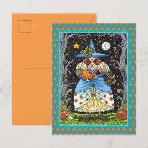 FOLK ART WITCH IN SPOOKY SKOGEN, BLACK CAT & UGGLA HELG VYKORT